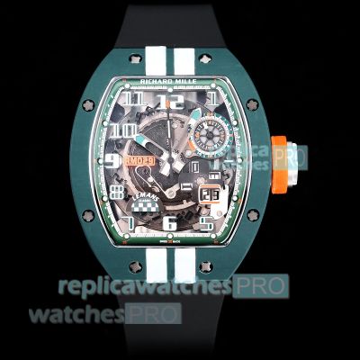 Swiss Clone Richard Mille RM029 Le Mans Green Carbon Fiber Watch with Black Rubber Strap 